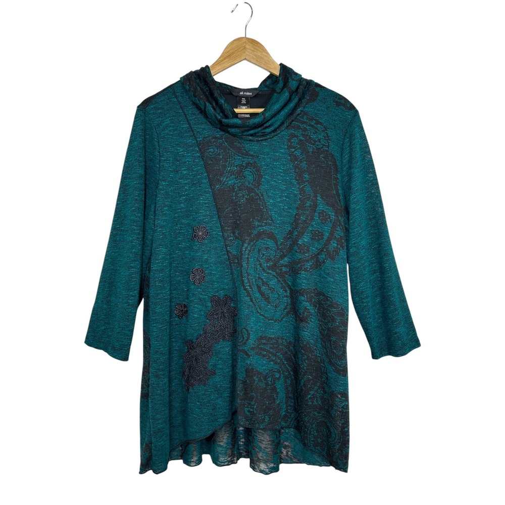 Ali Miles Dark Teal Black Burnout Floral Front Appliqué Cowl Neck Tunic Top XLP